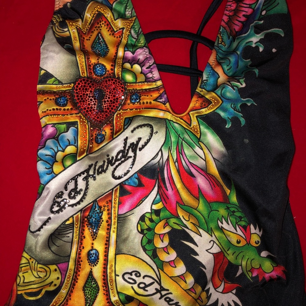 NWT Rare Ed Hardy Tattoo Black Cross Crystals Swimsuit sz S